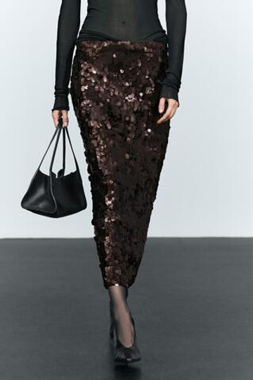 Massimo Dutti Прямая юбка-миди, украшенная пайетками, коричневый