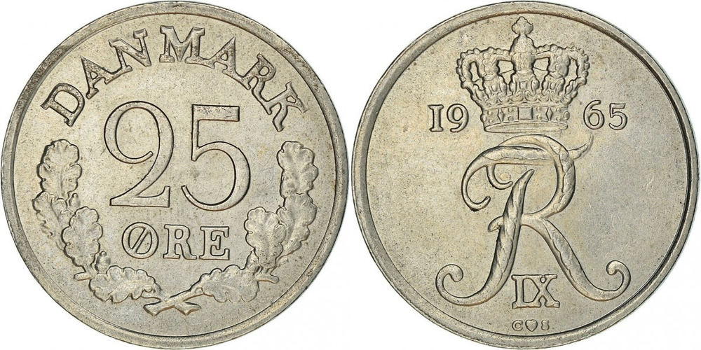 Дания 25 эре, 1960-1967 Король Фредерик IX XF