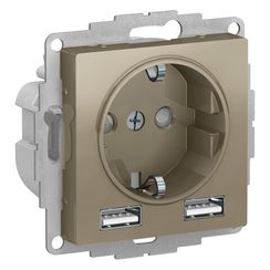 Розетка Systeme Electric ATLASDESIGN с заземлением со шторкой + 2 USB 2400мА шампань 38389