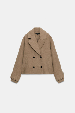 ZARA КОРОТКОЕ МЯГКОЕ ДВУБОРТНОЕ ПАЛЬТО, СЕРО-КОРИЧНЕВЫЙ