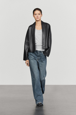 Massimo Dutti Кимоно с лацканами из кожи наппа, черный