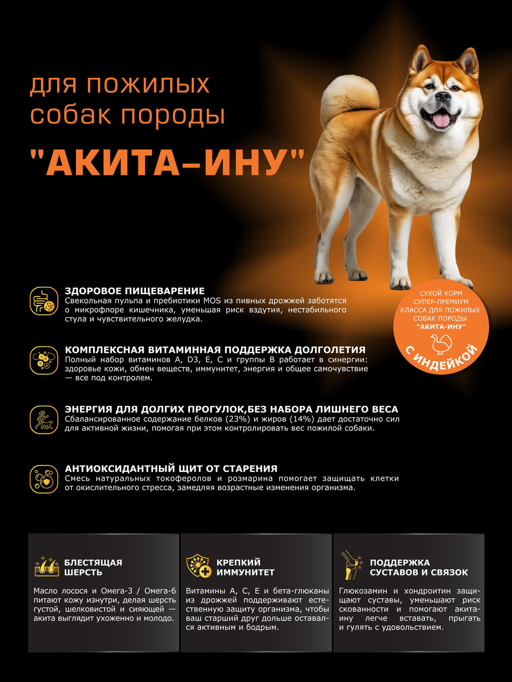 Корм сухой для пожилых собак породы Акита-ину старше 5 лет, с индейкой, 12 кг, QUATTRO