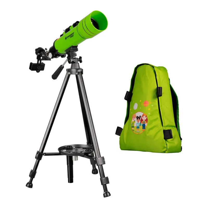 Телескоп BRESSER JUNIOR 70/400 в зеленом рюкзаке (8850610B4K000) - общий вид с треногой и рюкзаком