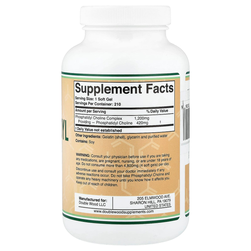Double Wood Supplements, фосфатидилхолин, 1200 мг, 210 капсул