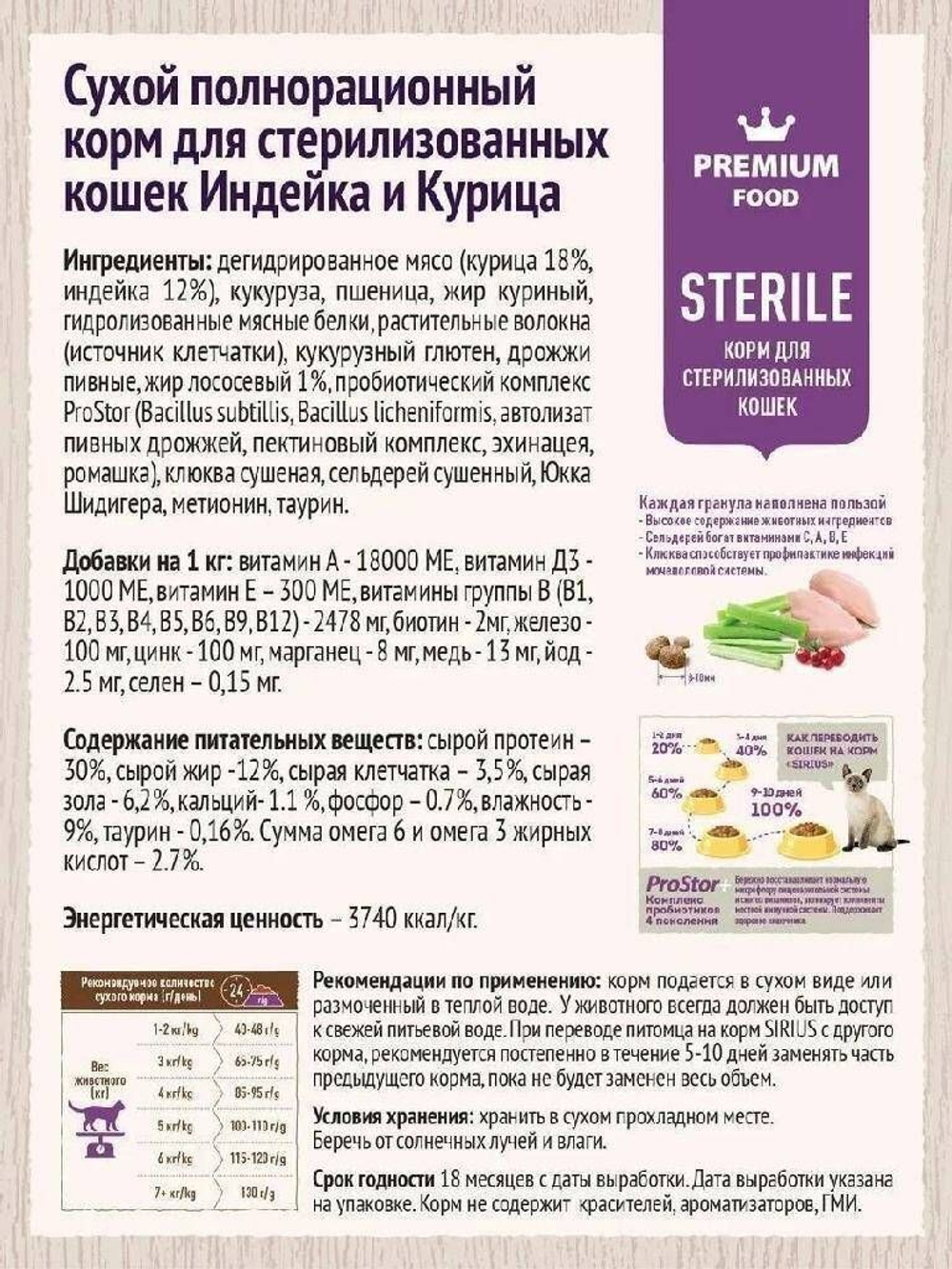 Сухой корм SIRIUS PREMIUM, корм Сириус для стерилизованных кошек, индейка и курица, 1.5 кг