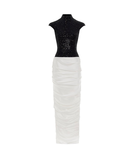 Платье макси из пайеток и атласа с драпированной юбкой