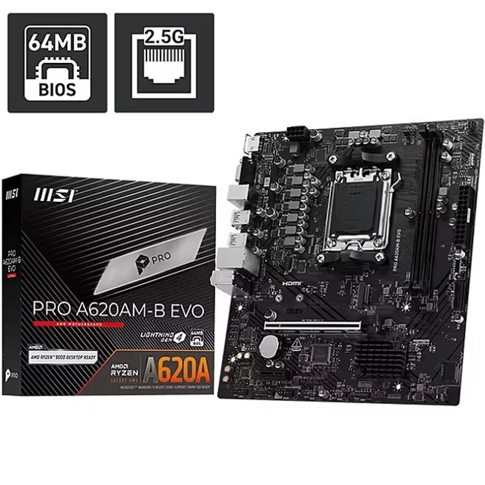 Материнская плата MSI PRO A620AM-B EVO (AM5/AMD B620/2xDDR5/PCI-Ex16/M.2/SB7.1/GLAN/HDMI/VGA/mATX)