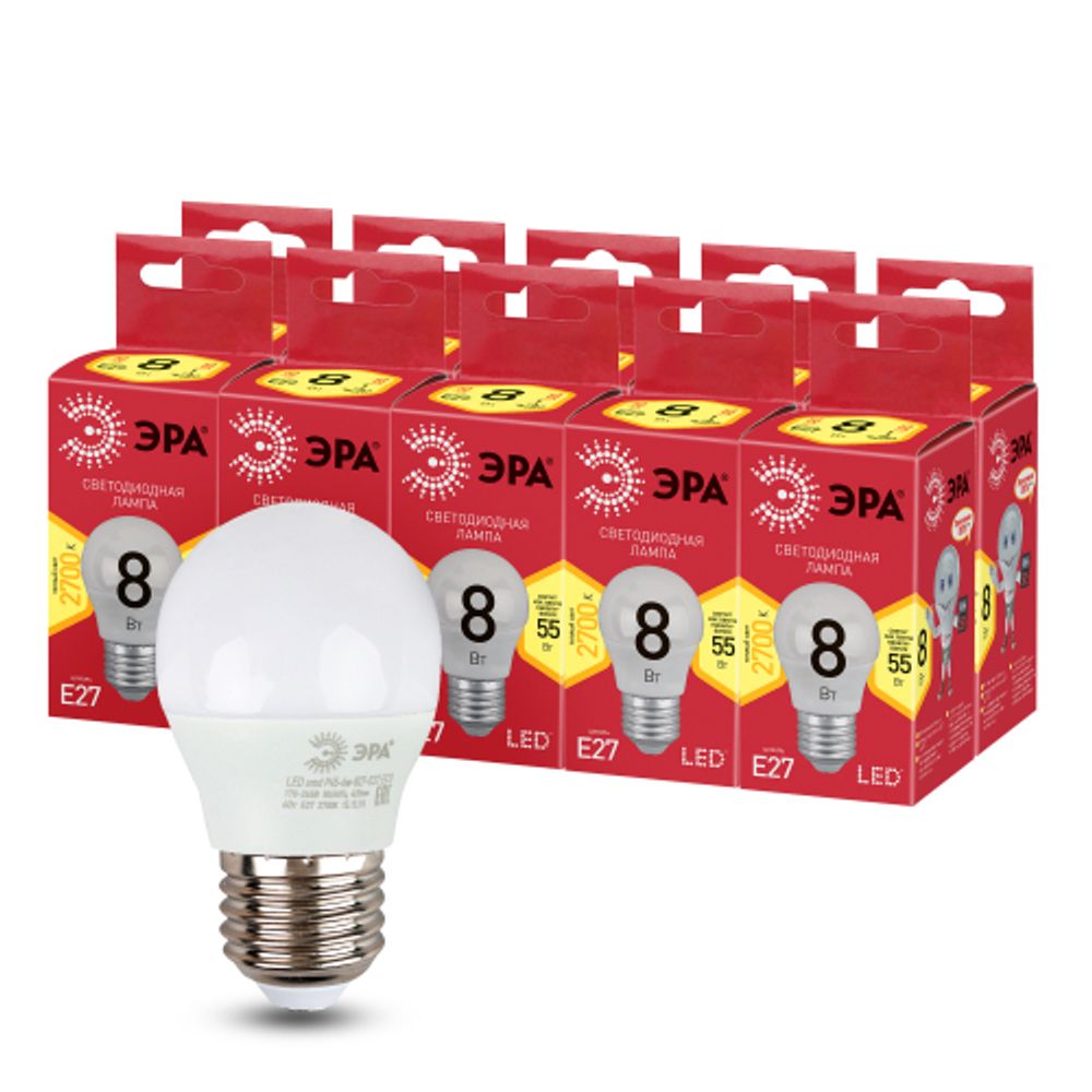 Лампа светодиодная ЭРА RED LINE LED P45-8W-827-E27 R 8Вт шар теплый белый свет E27 | Лампы cветодиодные Шар (G/P)