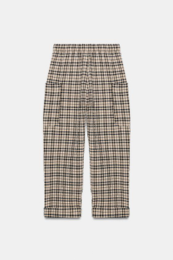 ZARA БРЮКИ В КЛЕТКУ С ЭЛАСТИЧНЫМ ПОЯСОМ, ПЕСОЧНЫЙ/КОРИЧНЕВЫЙ