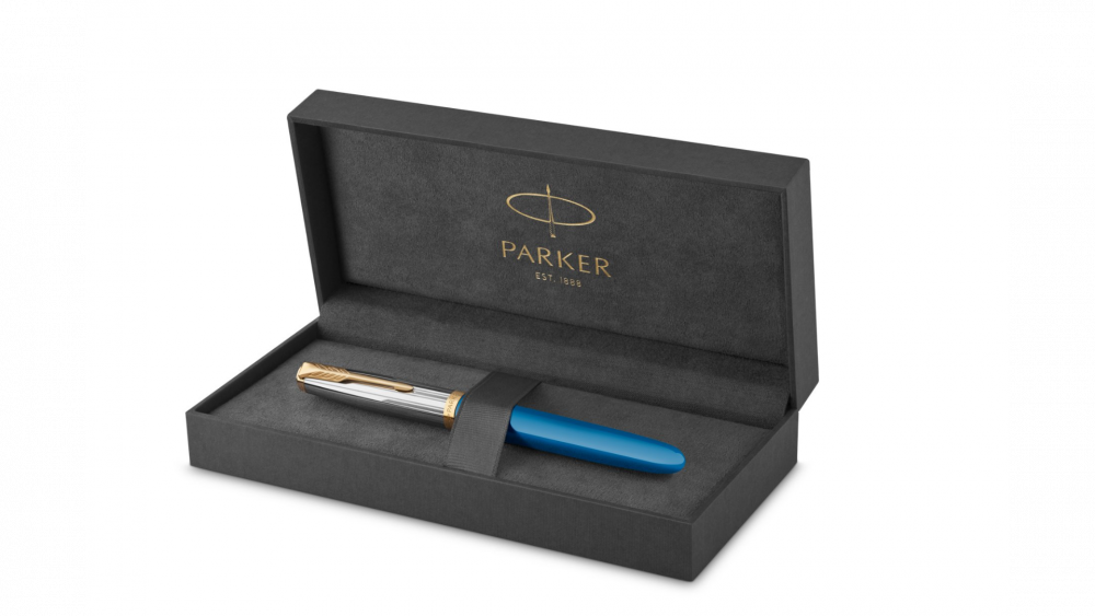 Перьевая ручка Parker 51 Premium Turquoise GT и кожаный чехол на молнии перо; M/F, чернила: Black,Blue, в подарочной упаковке.