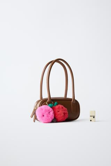 ZARA СУМКА С ПОМПОНАМИ, КОРИЧНЕВЫЙ