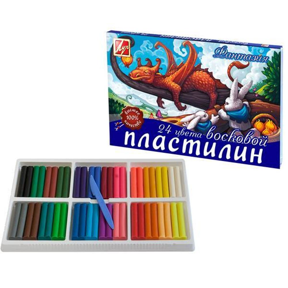 Пластилин 24 цветов Луч Фантазия, восковой, 420гр, со стеком, картон.упак.