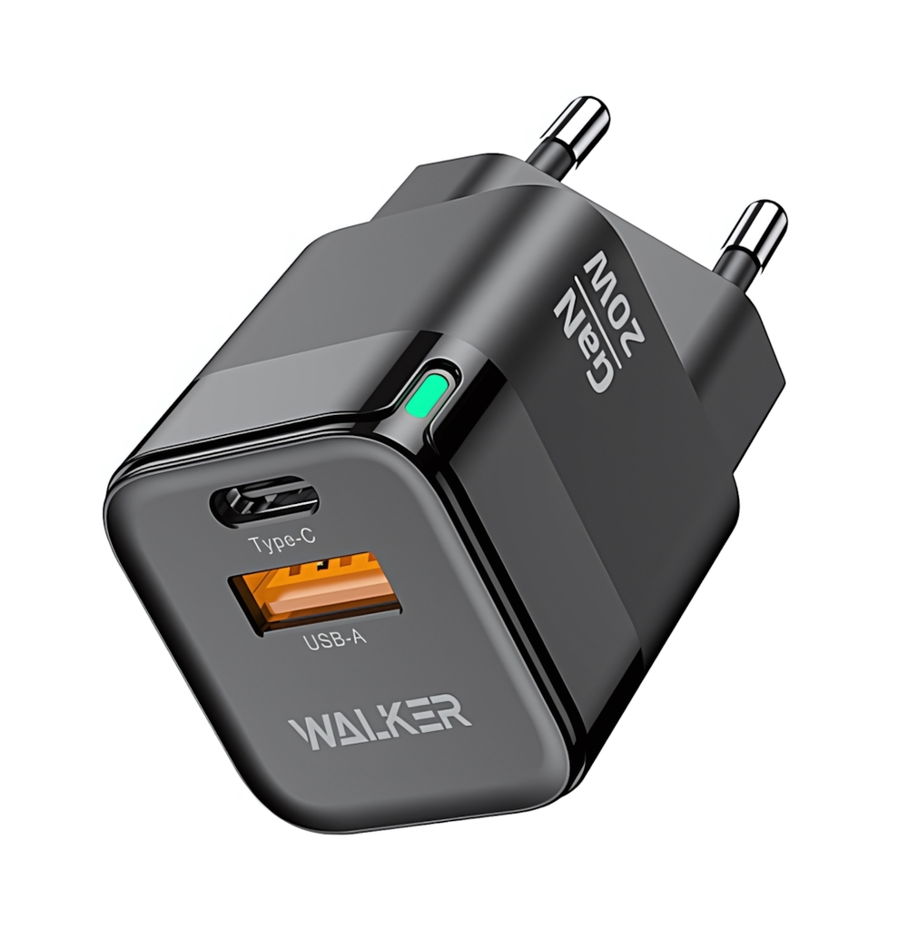 Зарядное устройство WALKER WH-42 GaN, 3А, 20Вт, USB/Type-C, поддержка QC+PD, черное