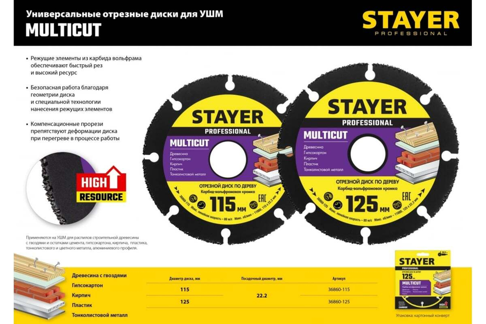 Диск отрезной по дереву для УШМ STAYER MultiCut 125х22.2мм 36860-125