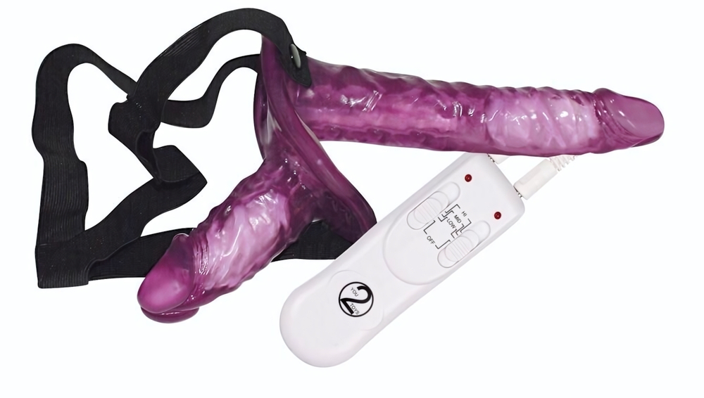 Страпон с вибрацией и вагинальной пробкой STRAP ON DUO - 18 см. (Цвет: фиолетовый)