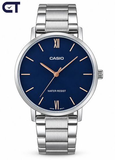 CASIO MTP-VT01D-2B CASIO Collection мужские наручные часы — синий циферблат, тонкий корпус и минималистичный стальной стиль