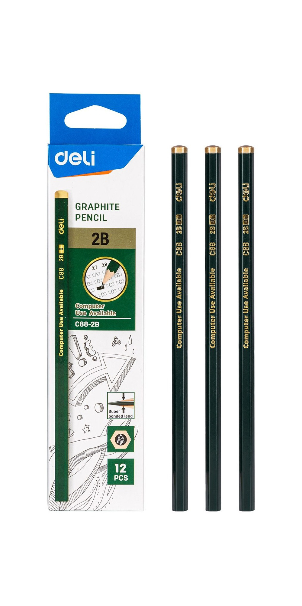 Карандаш чернографитный Deli 2B шестигранный липа 12шт. EC88-2B