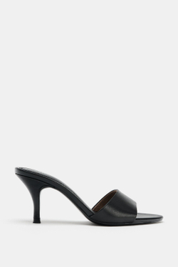 ZARA КОЖАНЫЕ БОСОНОЖКИ НА КАБЛУКЕ, ЧЕРНЫЙ