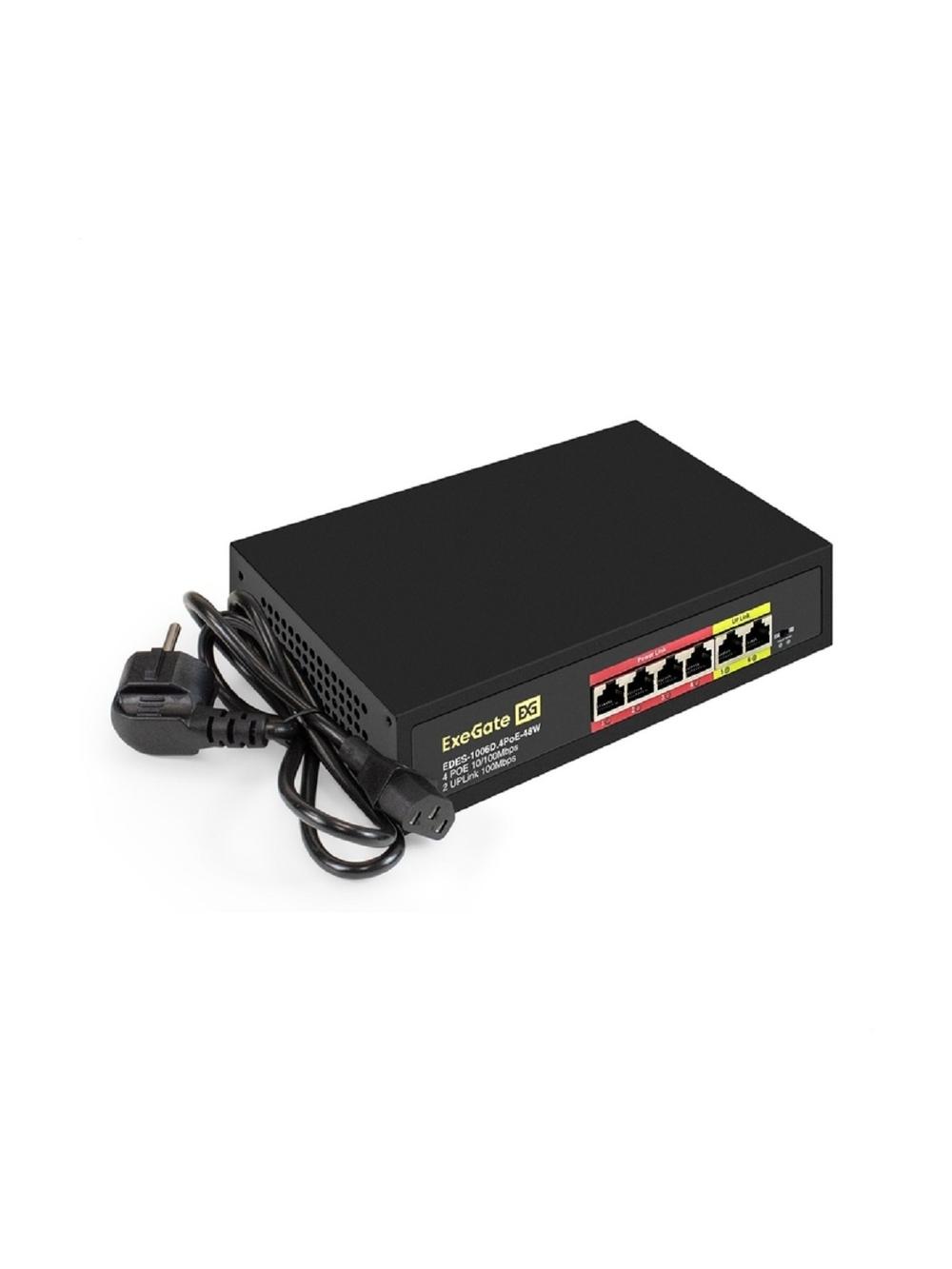 Exegate EX299020RUS Коммутатор неуправляемый ExeGate EDES-1006D.4PoE-48W (6-портовый UTP 10/100 Base-Tx: 4 порта 802.3af (PoE), мощность PoE: 25W, суммарно 48W, 2 порта RJ45 uplink, настенный/настольн