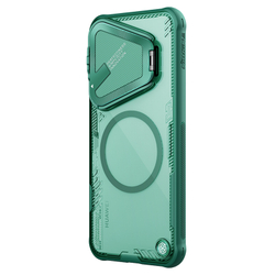 Чехол прозрачный зеленый (Glacier Green) от Nillkin с металлической откидной крышкой и поддержкой магнитной беспроводной зарядки MagSafe на Huawei Pura 70 Pro и Pura 70 Pro+, серия Iceblade Prop Magnetic Case