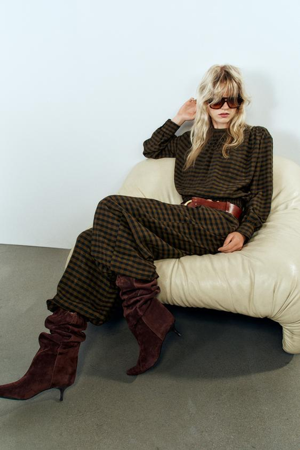 ZARA БЛУЗА В КЛЕТКУ, ТЕМНО-КОРИЧНЕВЫЙ