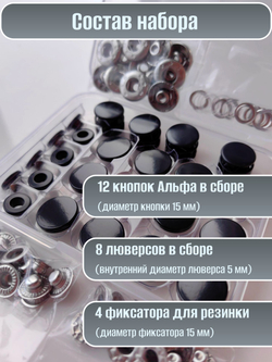Набор кнопок для одежды и кожи Альфа 15 мм с люверсами 5 мм и фиксаторами для резинки в едином оттенке металлические