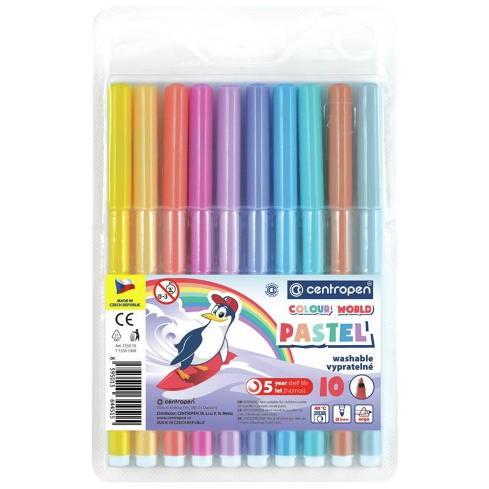 Фломастеры 10цв., 2мм, смываемые "Colour World. Pastel" (Centropen)