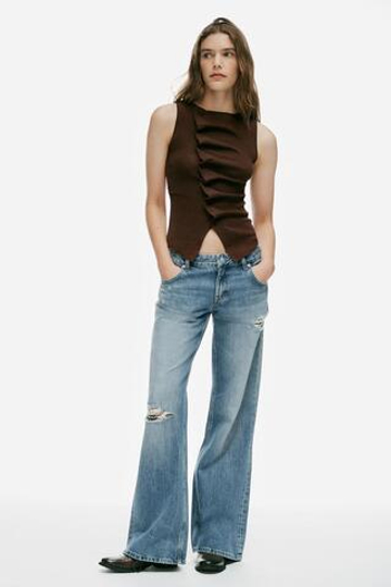 ZARA ТРИКОТАЖНЫЙ ТОП СО СБОРКАМИ, КОРИЧНЕВЫЙ