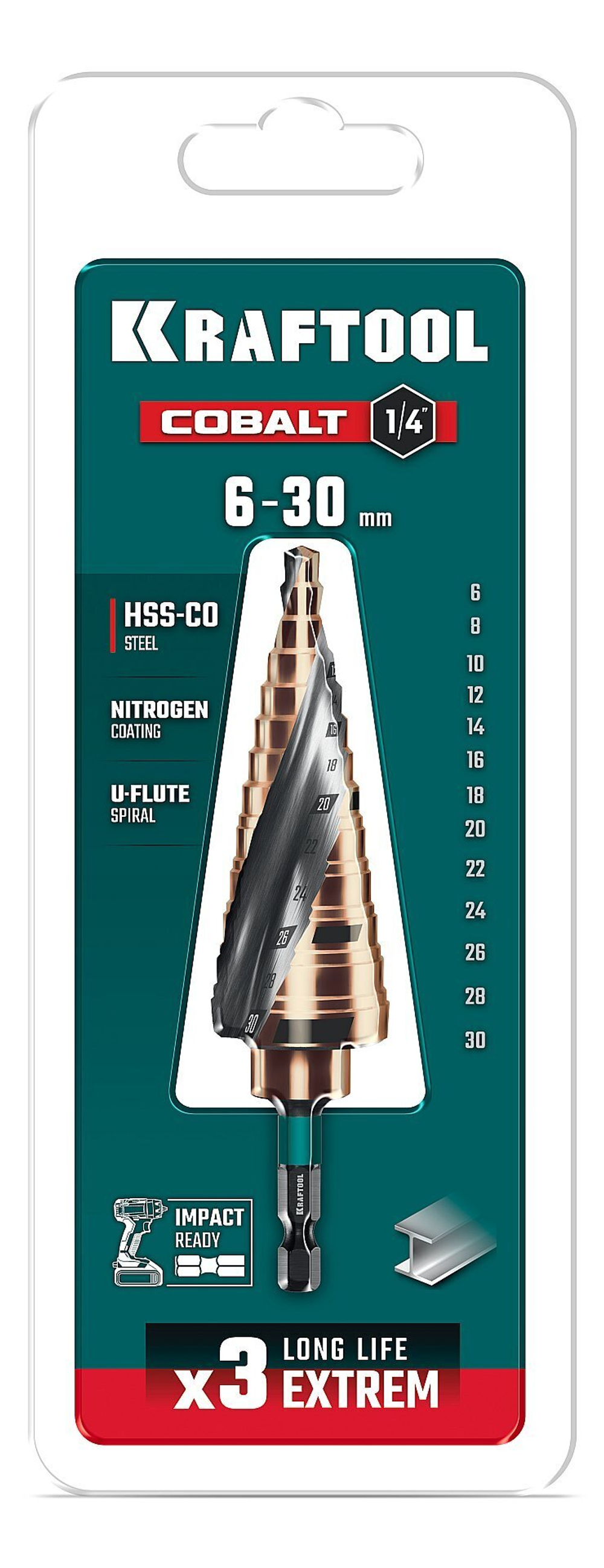 KRAFTOOL COBALT 6-30мм, 13 ступеней, азотирование, винтовая спираль, сверло ступенчатое(29691-6-30-13)