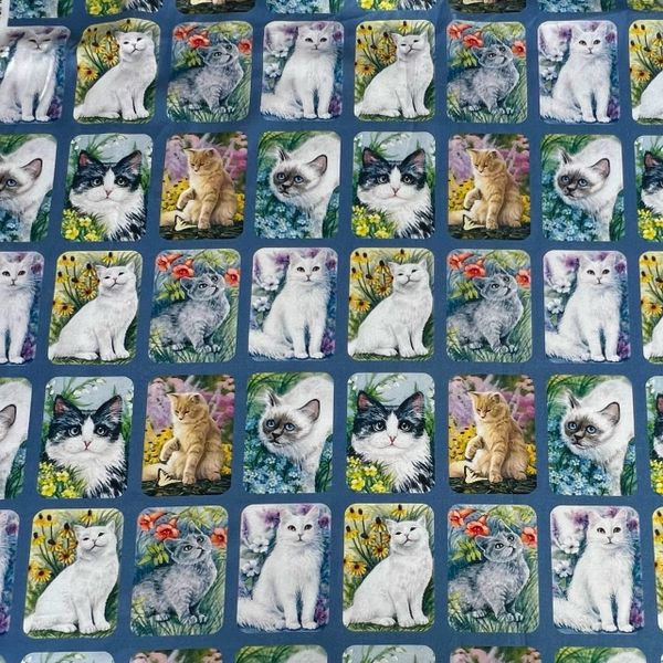 КОТОПОРТРЕТЫ, ГОЛУБОЙ, КУПОН 45*110 см (5 рядов В ОДНОМ РЯДУ 18 КАРТИНОК), 100% хлопок Handmade Fabrics 1