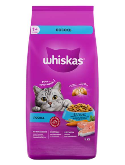 Whiskas сухой корм для кошек лосось, 5кг.
