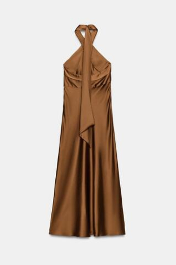 ZARA АТЛАСНОЕ ПЛАТЬЕ МИДИ ХАЛТЕР, КАРАМЕЛЬНЫЙ