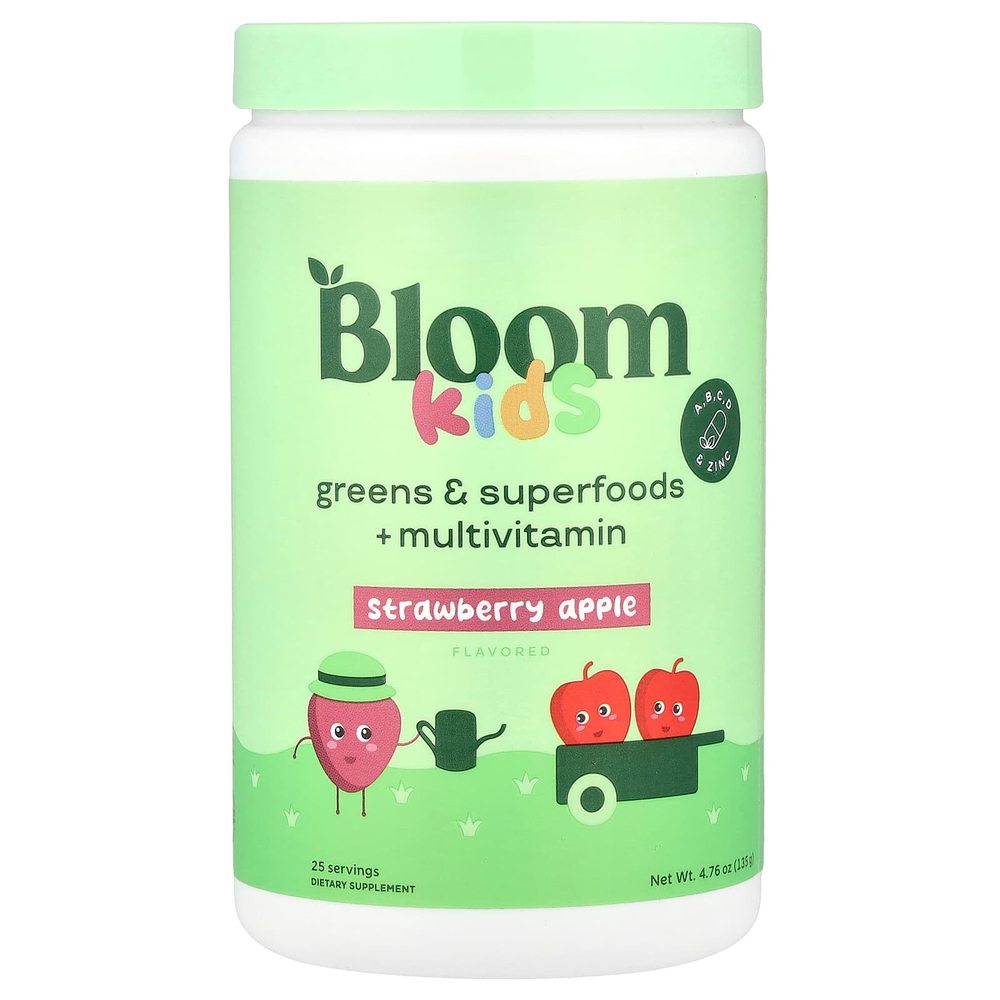 Bloom, Для детей, зелень и суперфуды + мультивитамины, клубника и яблоко, 135 г (4,76 унции)