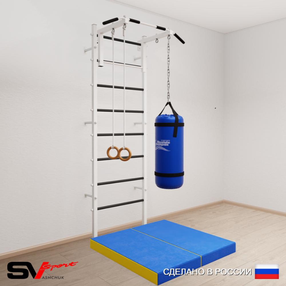 Шведская стенка Sv Sport усиленная 6107 (Турник стандарт/Кольца/Цепь/Мешок 30кг/Мат 1м)