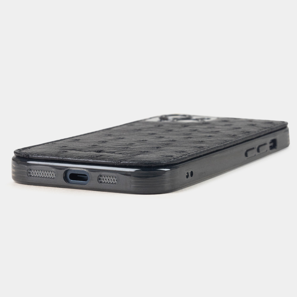Чехол для iPhone 15 из кожи страуса, черного цвета