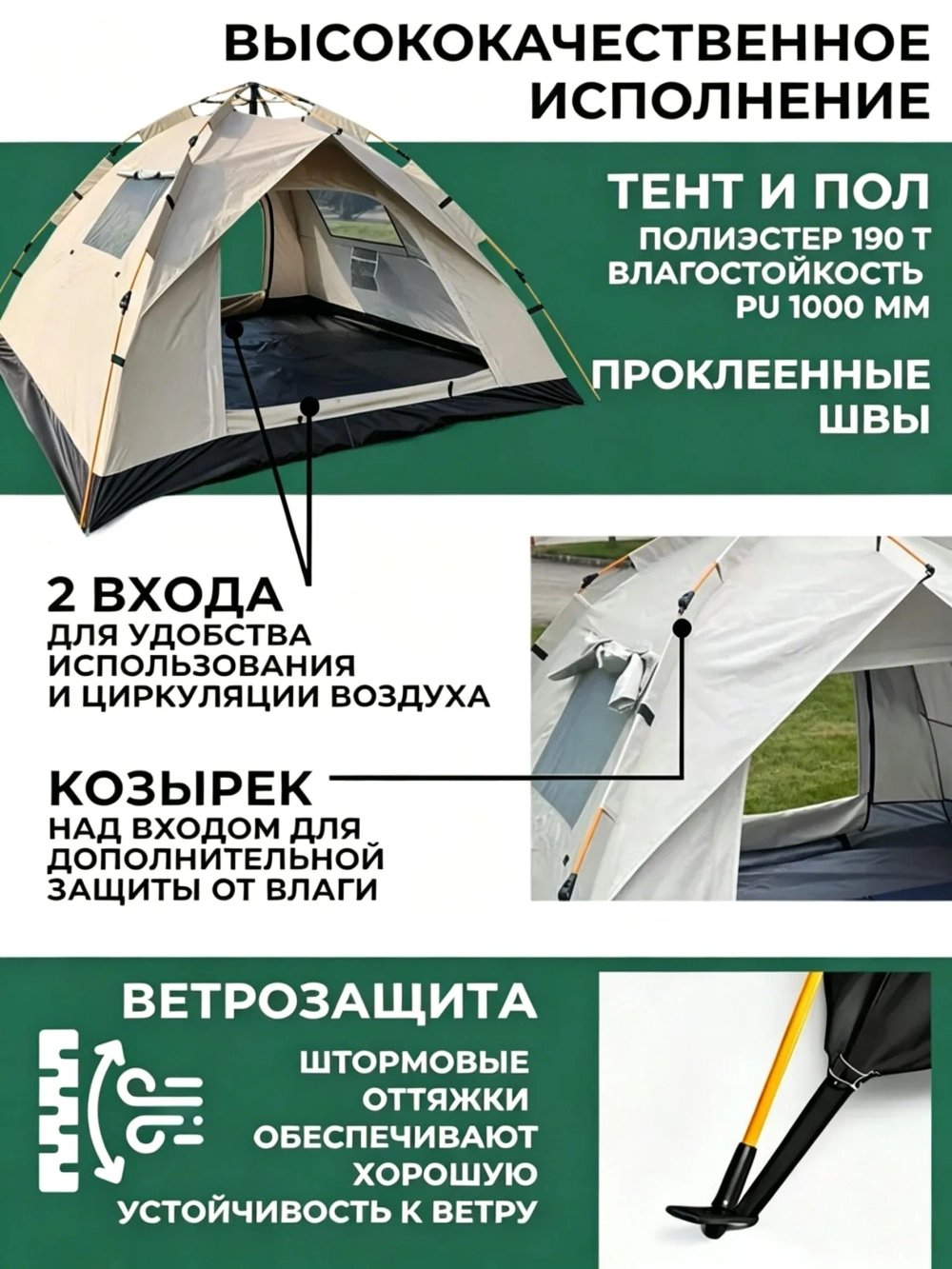 Палатка туристическая 3-4 местная автоматическая с москитной сеткой для рыбалки, кемпинга, путешествий