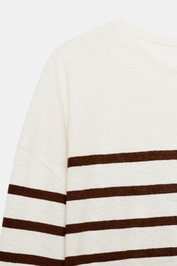 ZARA ХЛОПКОВАЯ ФУТБОЛКА В ПОЛОСКУ ИЗ ЛЬНА, ЭКРЮ/КОРИЧНЕВЫЙ