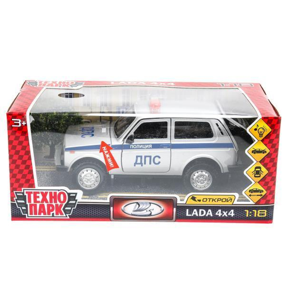 Модель ин. мет. "Lada 4x4 Полиция" 18.5см, свет-звук, двер, кап,баг, серый FY2408P (Технопарк)