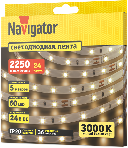 Лента светодиодная Navigator 24V 4,8Вт 3000К IP20 бухта 5м белая 40634