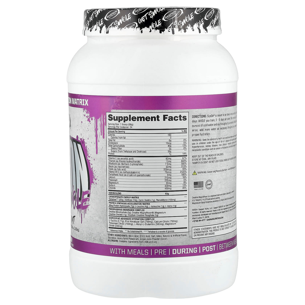 Gaspari Nutrition, SizeOn®, во время тренировки, со вкусом винограда, 1,63 кг (3,59 фунта)