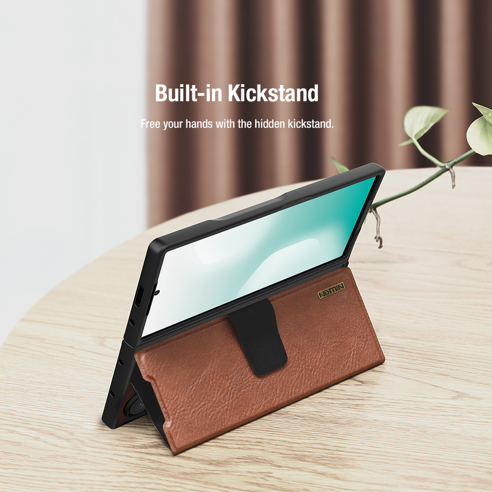 Кожаный чехол коричневого цвета для Samsung Galaxy Fold 7, серия Aoge Leather от Nillkin (с эластичным карманом для хранения S-pen)