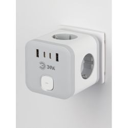 Разветвитель электрический ЭРА CUBE-3es-USB-W на 3 розетки с заземлением и выключателем + 4 USBA+C со шторками 16А белый | Тройники