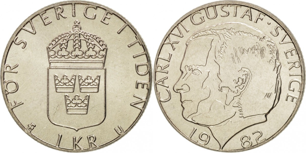 Швеция 1 крона, 1982-2000 Король Карл XVI Густав XF
