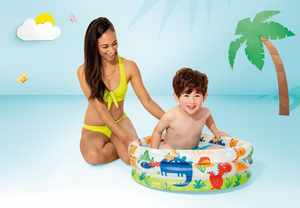 Бассейн надувной Intex 57106 Dino Buddies 61х22 см / Круглый трехсекционный бассейн Пляжные друзья Интекс с надувным дном для дачи