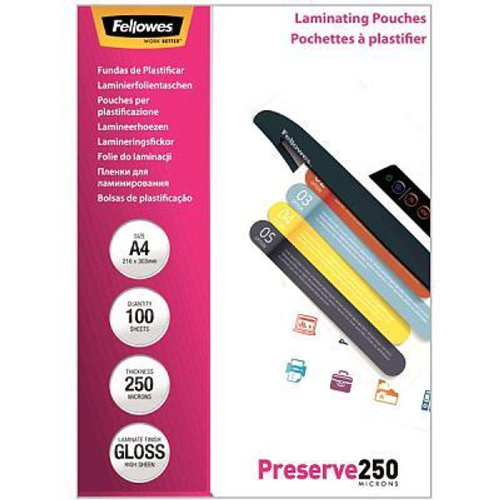 Пленки для ламинирования Fellowes®, A4, глянцевая, 250 мкм, 100 шт, трехслойная структура: ПВХ + ПЭТ + ЭВА