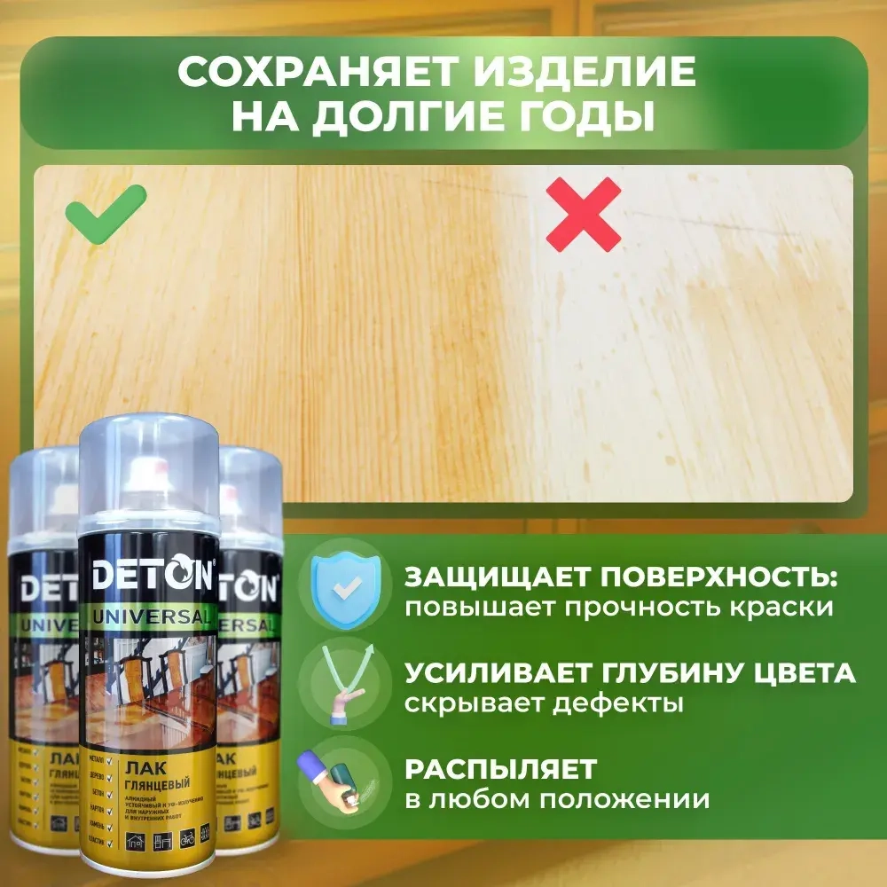DETON UNIVERSAL  Алкидный аэрозольный ЛАК ГЛЯНЦЕВЫЙ атмосферостойкий 520мл