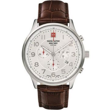 С ремешком Мужские наручные часы с коричневым кожаным ремешком Swiss Alpine Military 7084.9532 Chronograph 43mm 10ATM