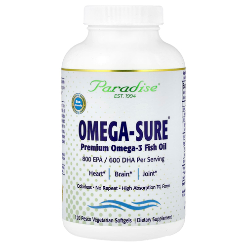 Paradise Herbs, Omega-Sure®, рыбий жир премиального качества с омега-3, 120 вегетарианских капсул Pesco