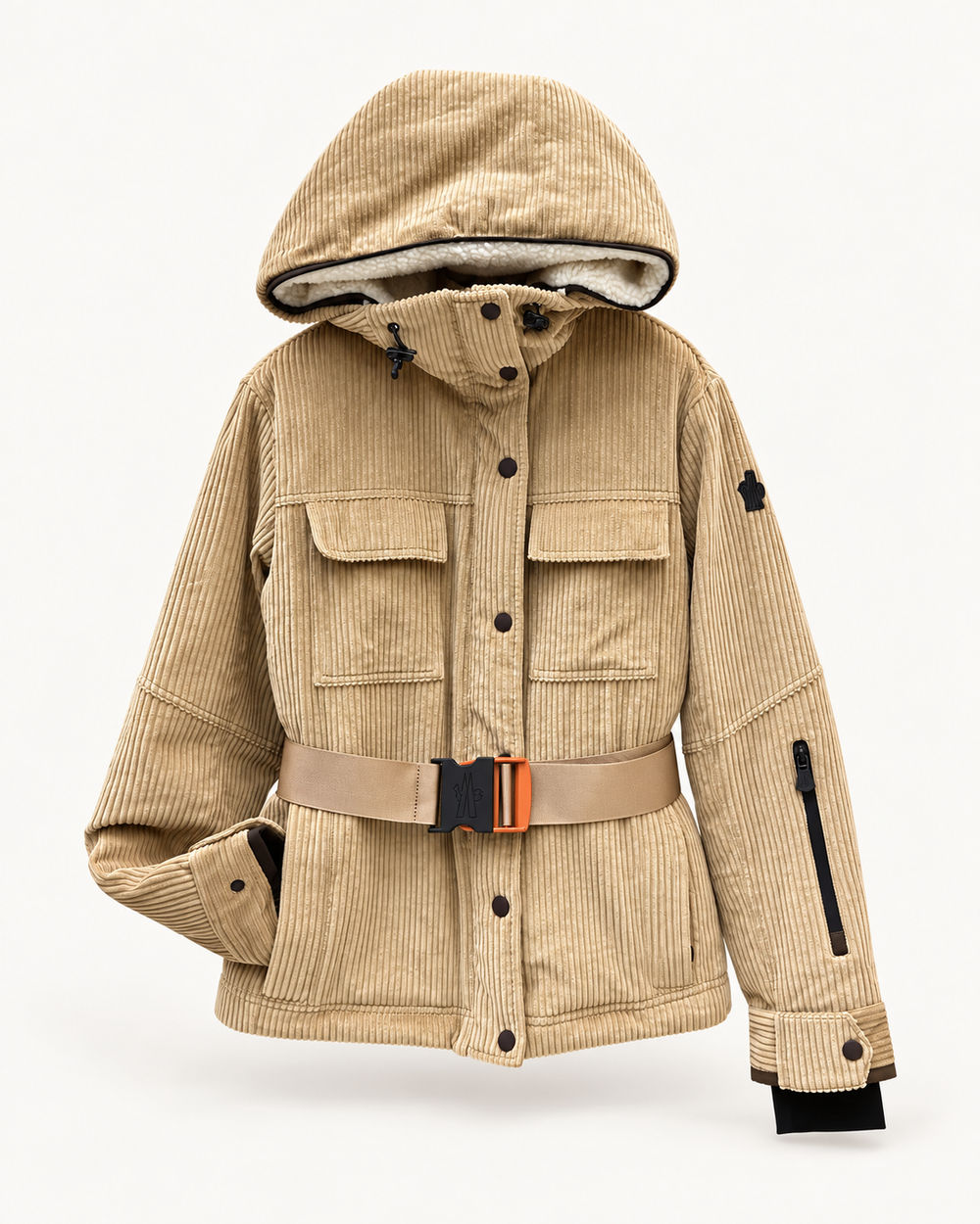 Женский вельветовый пуховик Moncler с поясом — бежевый