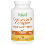 Super Nutrition, полный комплекс витаминов группы B с L-метилфолатом и метилкобаламином, витамином B12, 180 растительных капсул